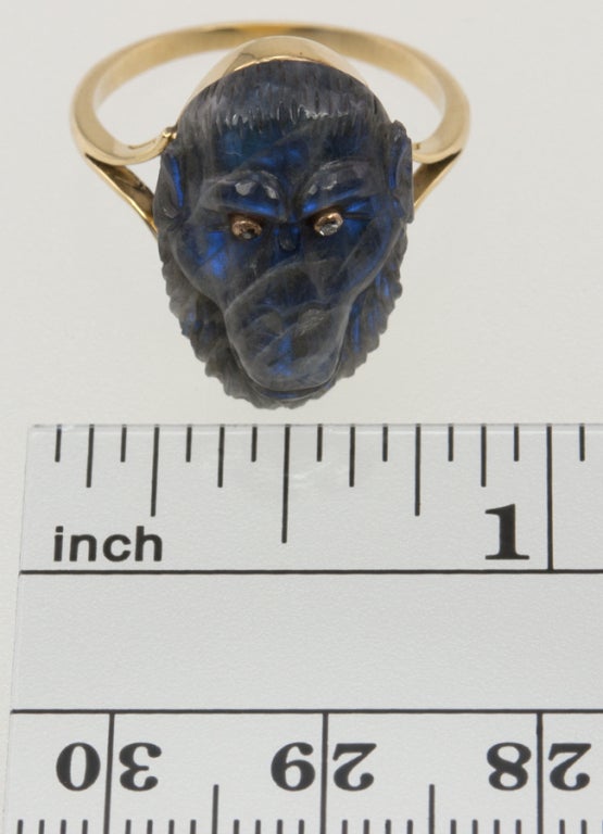 18k gold ring with a carved labradorite ape face with diamond eyes. Isn't this fabulous!