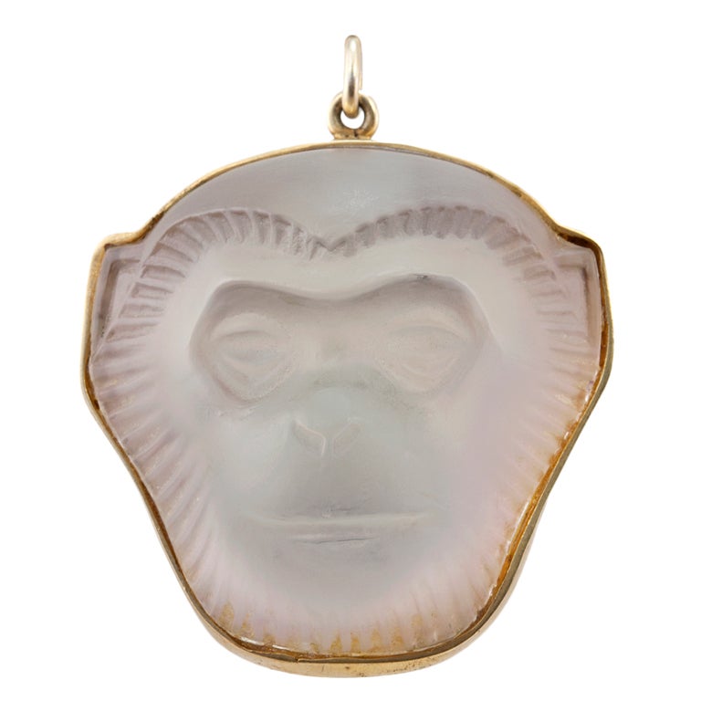 LALIQUE Crystal Monkey Face Pendant For Sale