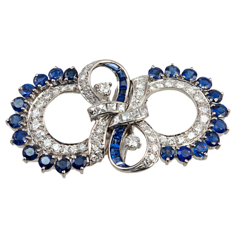 Tiffany Diamond and Sapphire Double Clip/Pin For Sale