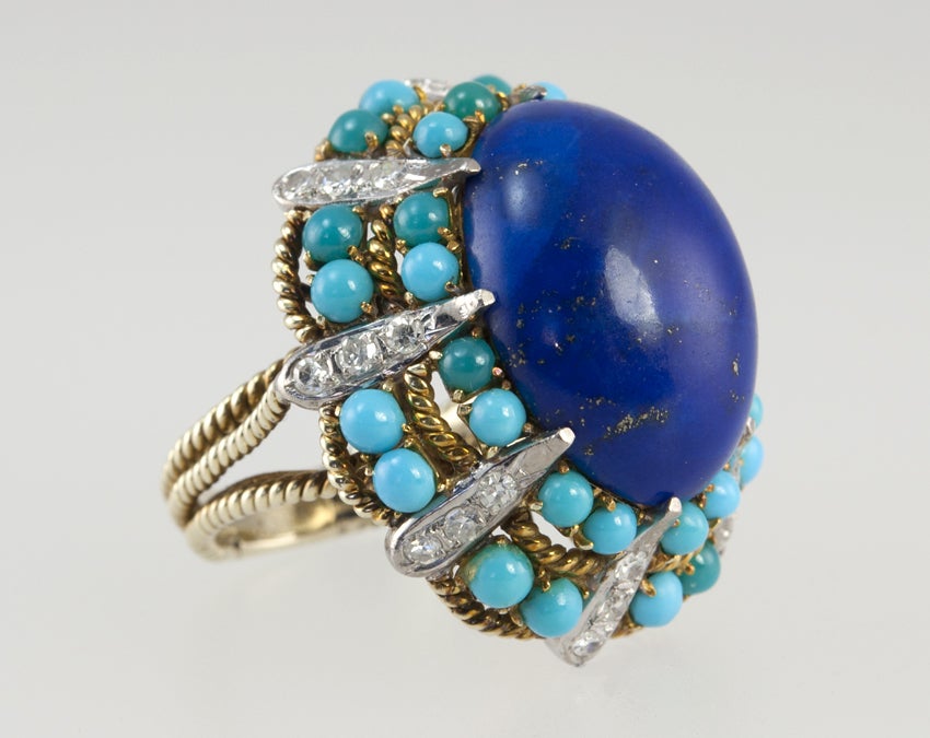 Lapis, Turquoise and Diamond Dome Ring 1