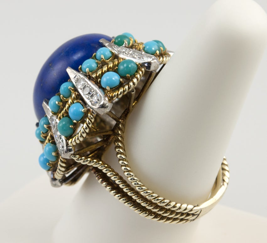 Lapis, Turquoise and Diamond Dome Ring 2