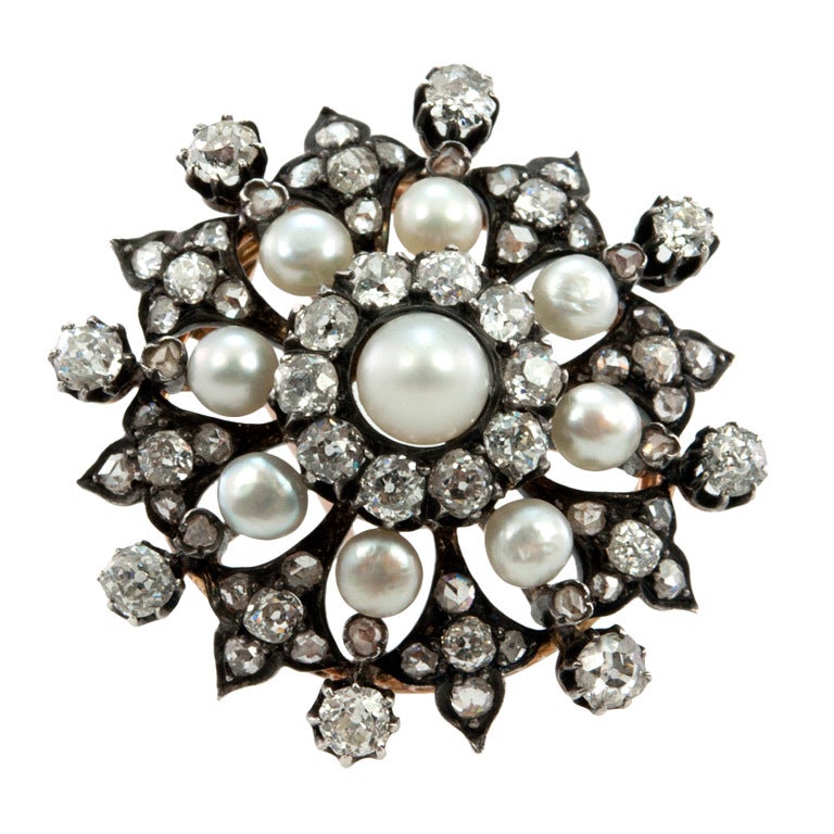 Victorian Diamond and Pearl Brooch For Sale