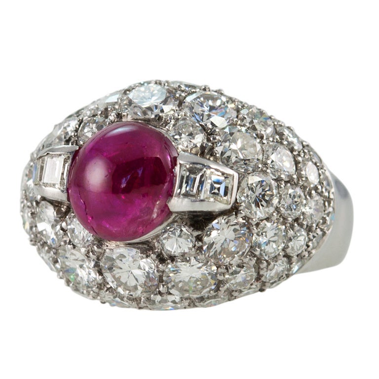 Vintage Diamond Cluster and Ruby Dome Platinum Ring For Sale