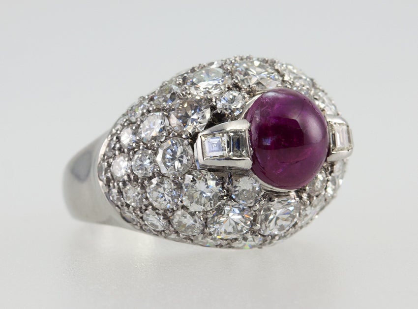 Women's Vintage Diamond Cluster and Ruby Dome Platinum Ring For Sale