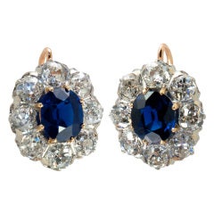 Antique Diamond Cluster Earrings With Center Sapphire