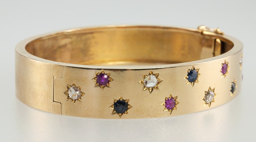 Women's Victorian Bangle with Ruby, Sapphire and Diamond Stars For Sale