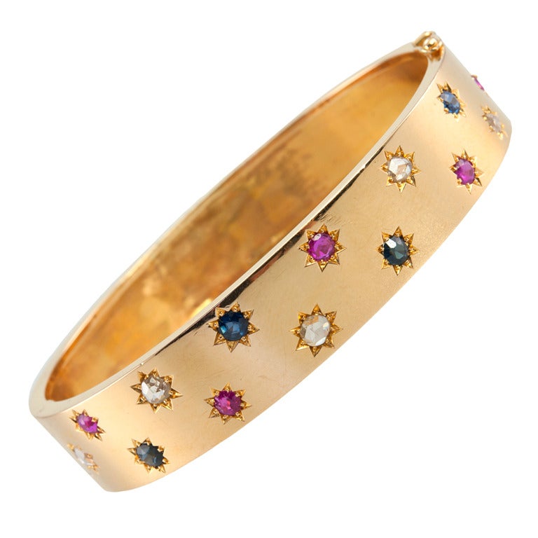 Victorian Bangle with Ruby, Sapphire and Diamond Stars For Sale