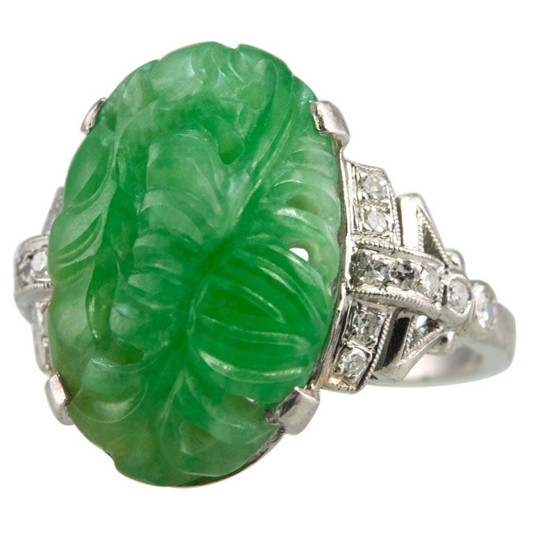 Art Deco Carved Jade Ring For Sale