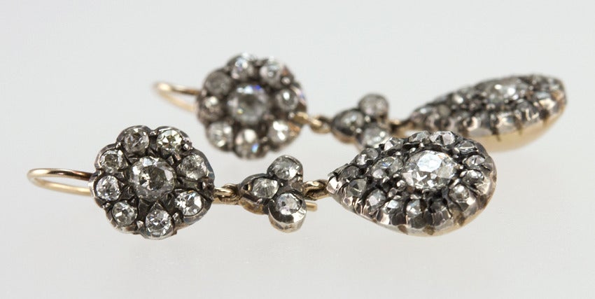 Women's Victorian Old Cut Diamond Dangle Earrings, circa 1880s For Sale