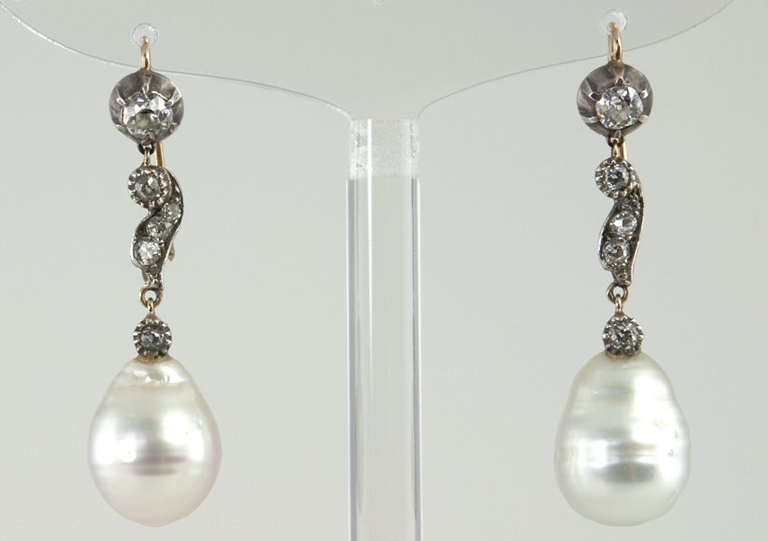 Old Mine Cut Antique Victorian Pearl and Diamond Dangle Earrings