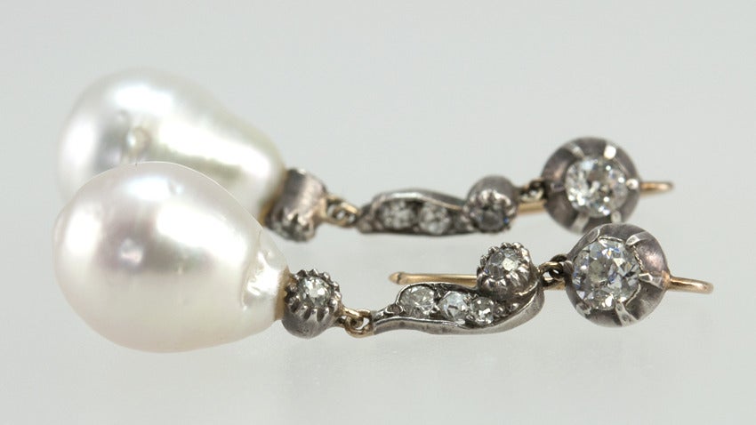 Antique Victorian Pearl and Diamond Dangle Earrings In Excellent Condition In Los Angeles, CA
