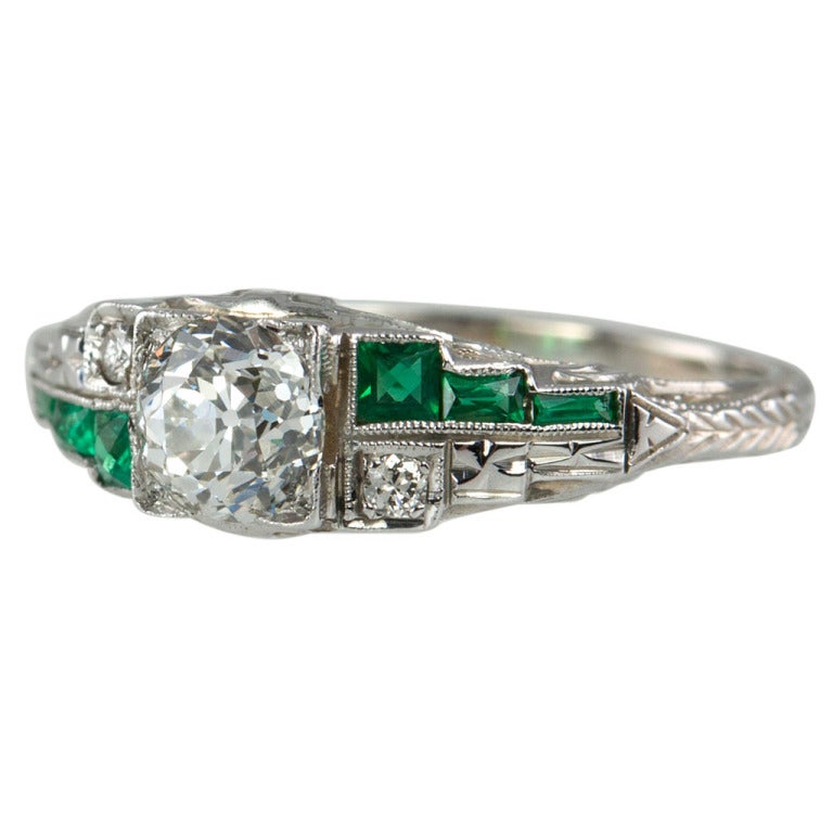 .68CT Diamond and Emerald Engagement Ring at 1stDibs