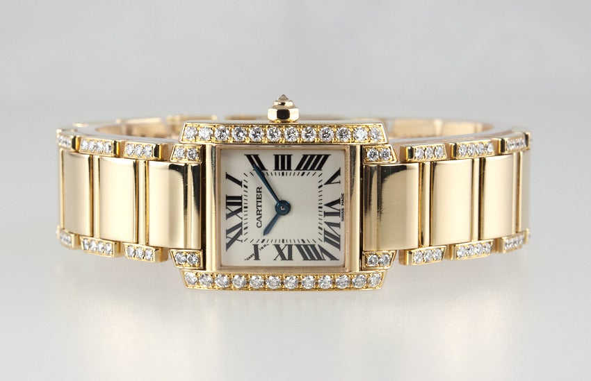Cartier Lady's Yellow Gold and Diamond Tank Francaise Wristwatch with Bracelet In Good Condition In Los Angeles, CA