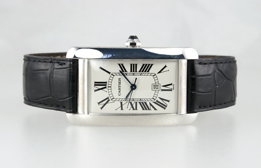 Cartier White Gold Men's Tank Americaine Wristwatch In Good Condition In Los Angeles, CA
