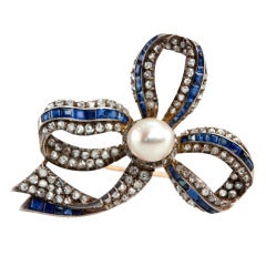 Sapphire and Diamond and Pearl Bow Brooch