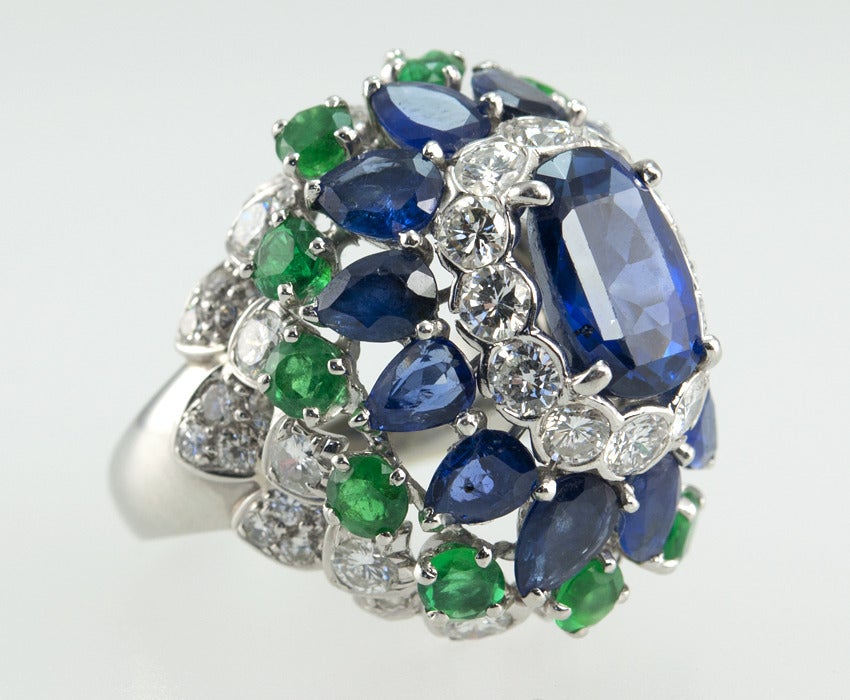 Women's Platinum Sapphire, Emerald and Diamond Dome Ring