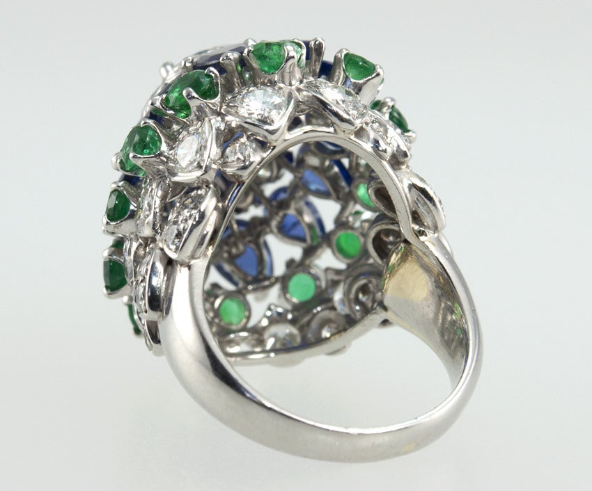 Platinum Sapphire, Emerald and Diamond Dome Ring at 1stdibs
