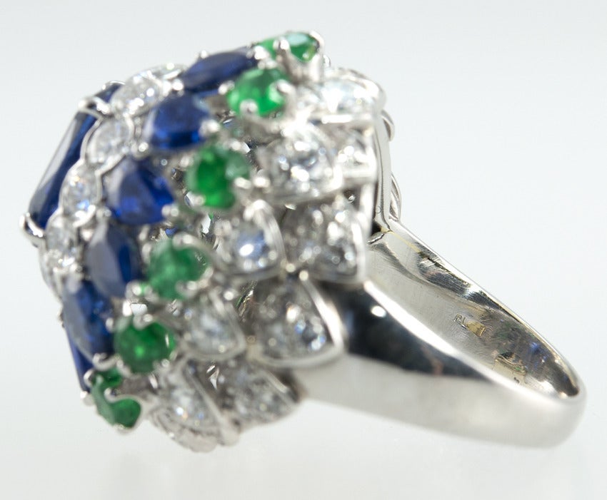 Platinum Sapphire, Emerald and Diamond Dome Ring 4