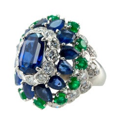 Platinum Sapphire, Emerald and Diamond Dome Ring