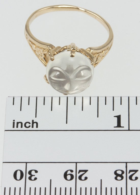 14k Gold Victorian moonstone ring with a carved face.  The sides are ornately carved also and the moonstone is set in six prongs.  Very dreamy!
*This ring is currently a size 6 1/4 but can easily be re sized.