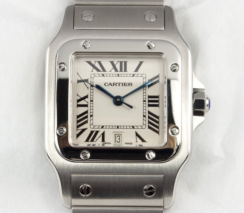 Cartier Stainless Steel Man's Santos Wristwatch with Date circa 2000s In Good Condition In Los Angeles, CA