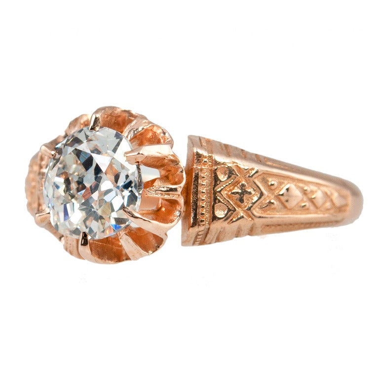 Victorian 0.96 Carat Old Mine Cut Diamond and 14 Karat Rose Gold Engagement Ring For Sale