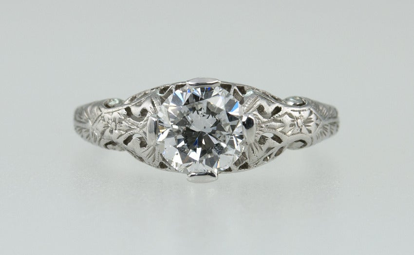 Old European Cut Diamond Platinum Filigree Ring For Sale