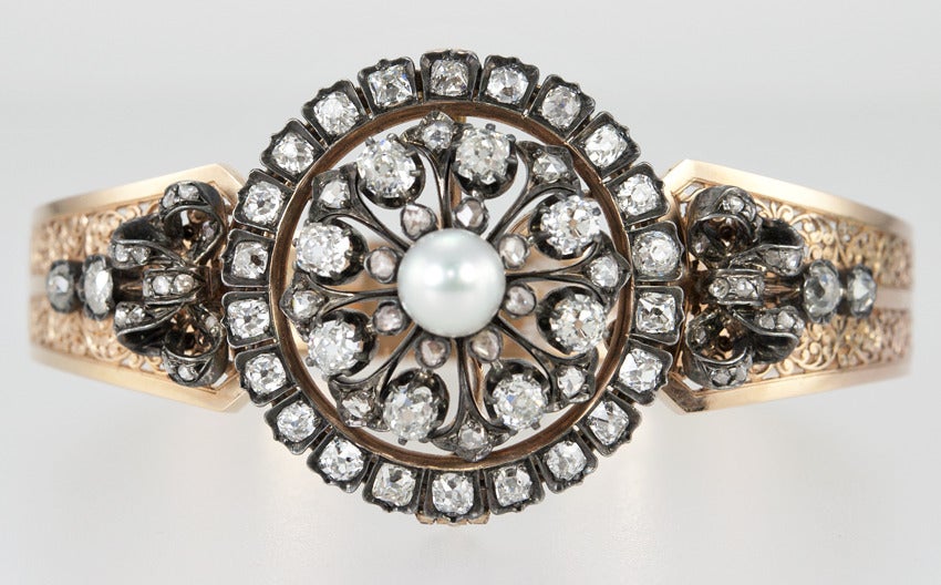 Women's Victorian Pearl Diamond Bangle For Sale