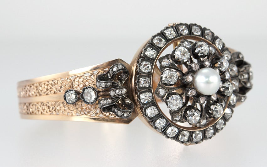 Victorian Pearl Diamond Bangle For Sale 1