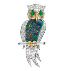 Opal and Diamond Owl Platinum Brooch, circa 1960s