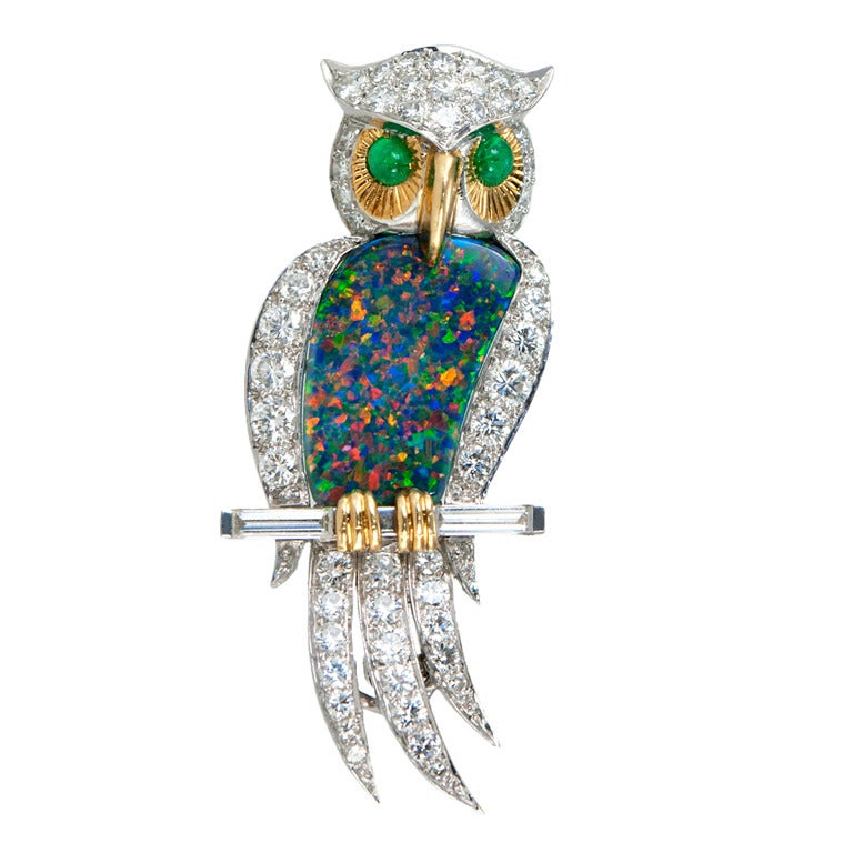 Opal and Diamond Owl Platinum Brooch, circa 1960s For Sale