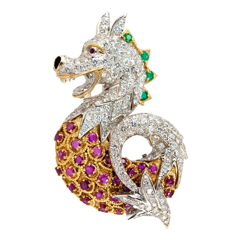 Dragon Brooch with Rubies and Diamonds For Sale