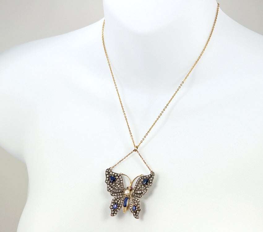 Victorian Sapphire and Diamond Butterfly Necklace at 1stDibs