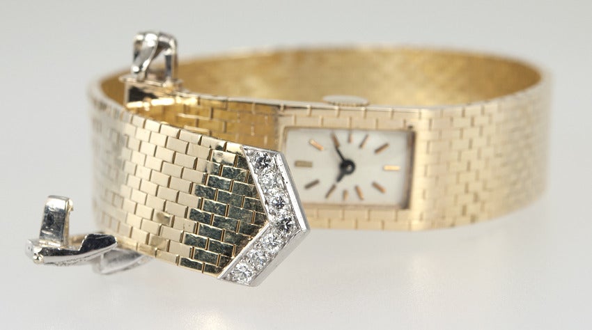 Lady's Yellow Gold and Diamond Retro Concealed-Dial Bracelet Watch For Sale 2
