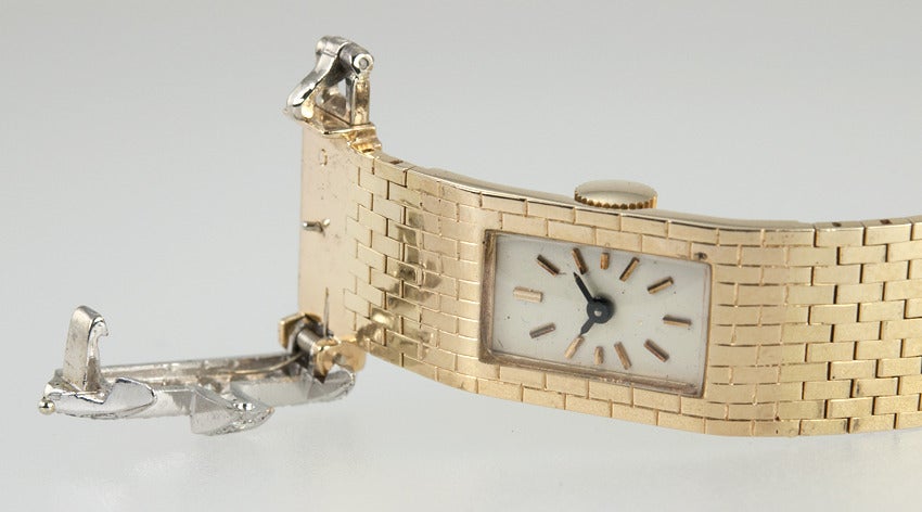 Lady's Yellow Gold and Diamond Retro Concealed-Dial Bracelet Watch For Sale 3