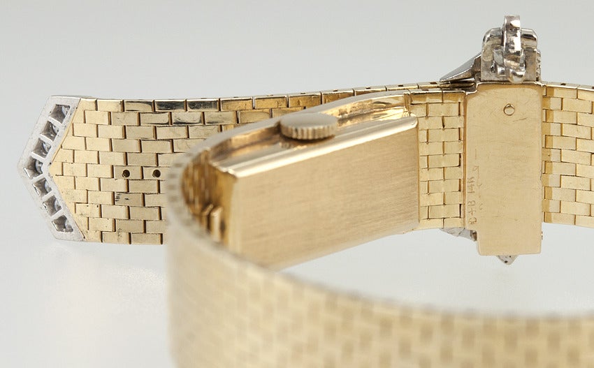 Lady's Yellow Gold and Diamond Retro Concealed-Dial Bracelet Watch For Sale 5