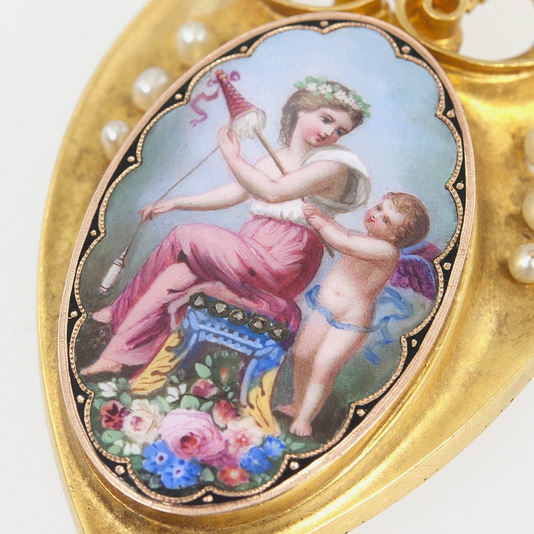 Victorian Painted Woman and Cupid Locket For Sale