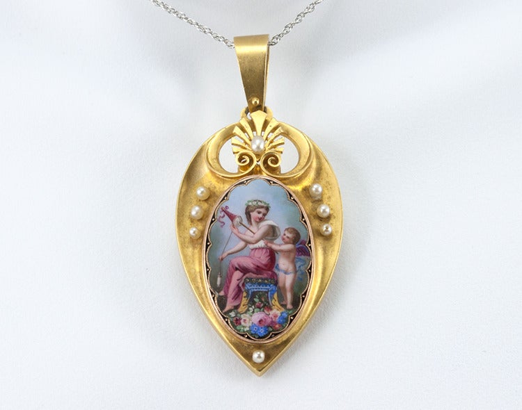 Women's Painted Woman and Cupid Locket For Sale