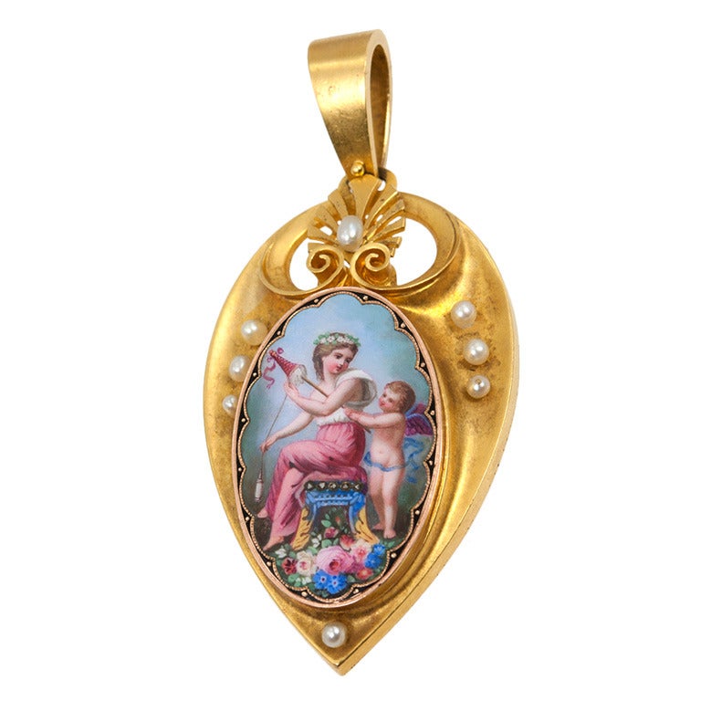 Painted Woman and Cupid Locket For Sale