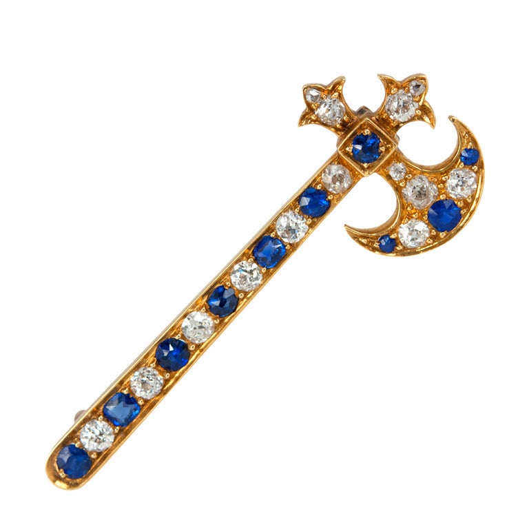 Hatchet Brooch with Sapphires and Diamonds For Sale