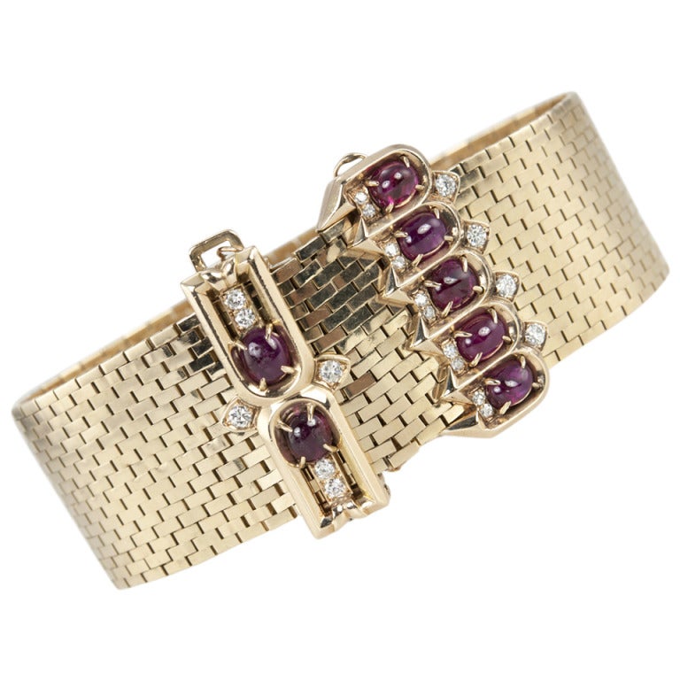 Retro Ruby Diamond Buckle Bracelet For Sale