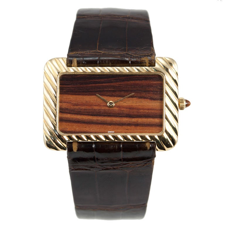 Gerald Genta Lady's Yellow Gold Wristwatch with Wood Dial For Sale