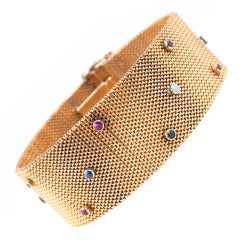 Victorian 18 Karat Yellow Gold Sapphire Ruby Diamond Mesh Bracelet
