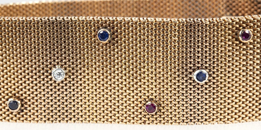 Victorian 18 Karat Yellow Gold Sapphire Ruby Diamond Mesh Bracelet For Sale 1