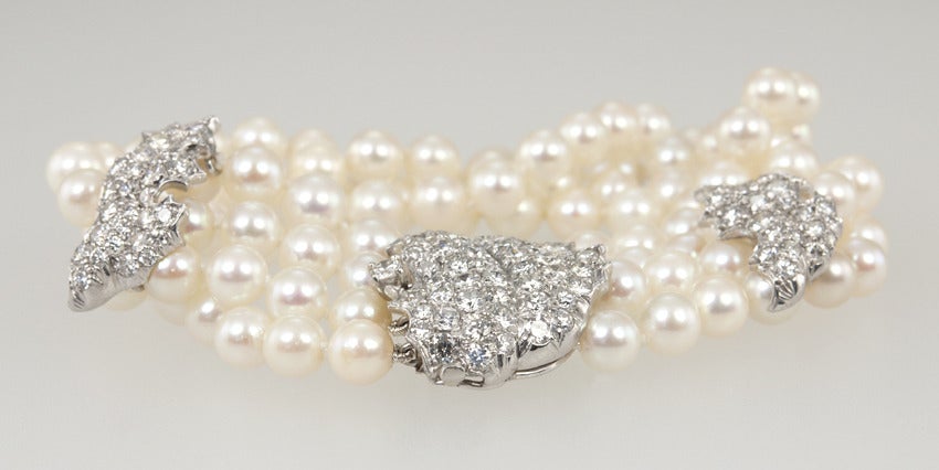 Women's Ruser Pearl Diamond Leaf Bracelet and Brooch