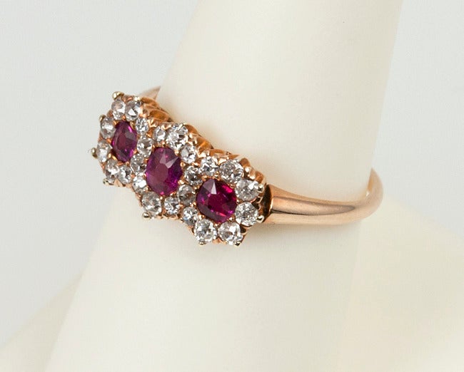 Victorian Ruby & Diamond Three-Stone Cluster Ring For Sale 6
