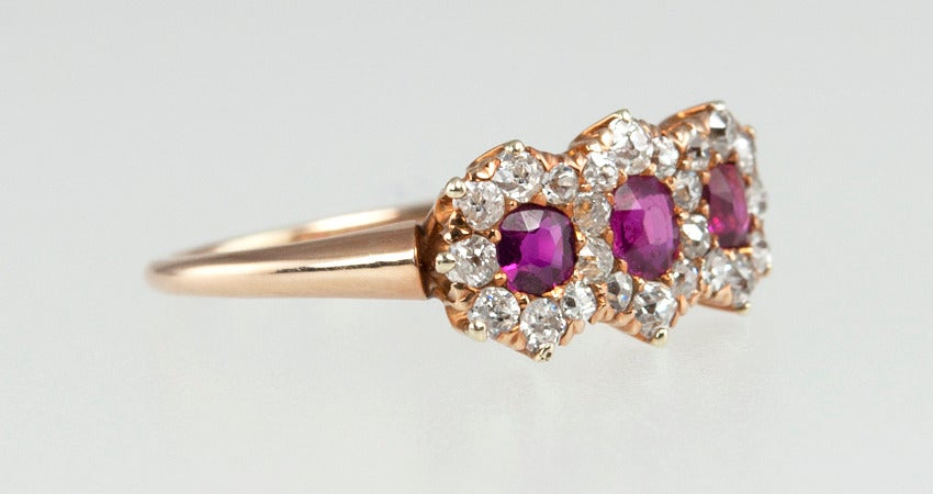 Women's Victorian Ruby & Diamond Three-Stone Cluster Ring For Sale