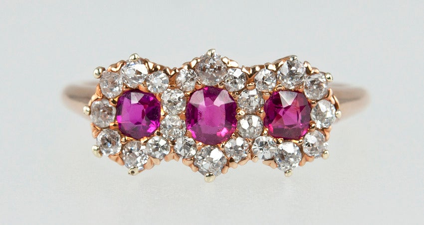 Victorian Ruby & Diamond Three-Stone Cluster Ring For Sale 1