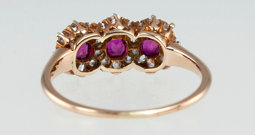 Victorian Ruby & Diamond Three-Stone Cluster Ring For Sale 3