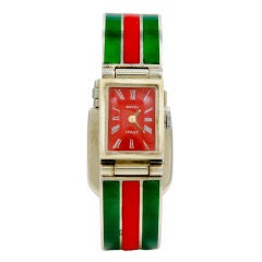 GUCCI Rare Red & Green Enamel & Sterling Buckle Bracelet Watch